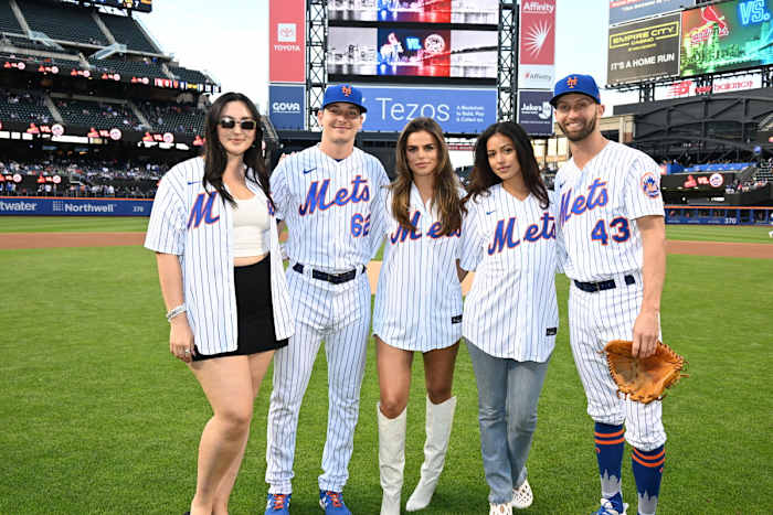 Yumi Nu, Brooks Nader and Cindy Kimberly with Mets players Drew Smith and Chasen Shreve.
